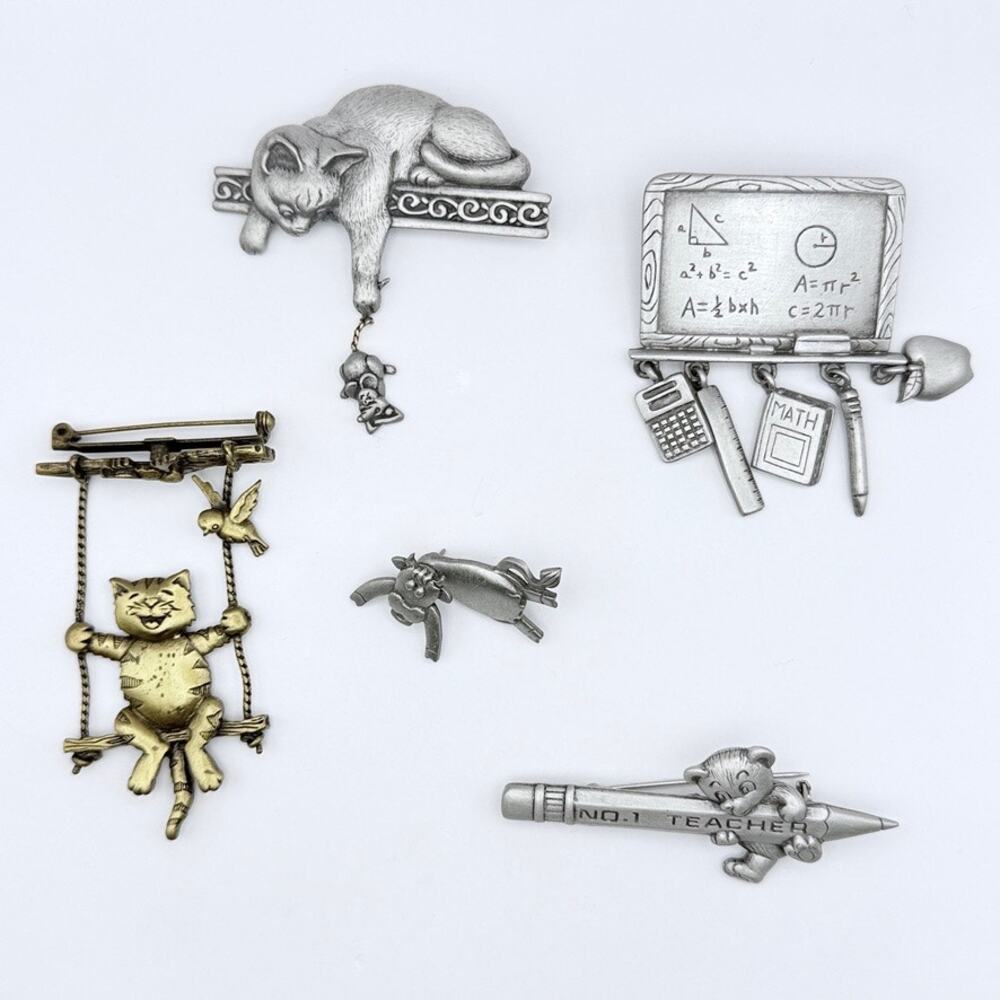 Lot of 5 JJ JONETTE Jewelry Brooches Cat Cow Math Pencil Mouse Pewter Bronze Pin
